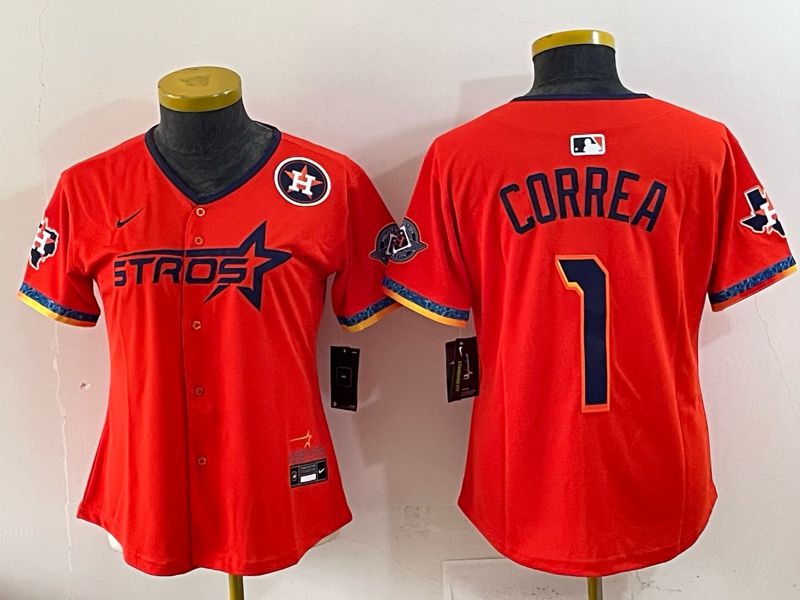 Women 2025 Houston Astros 1 Correa Orange Four generations Joint Name Nike MLB Jersey style 03